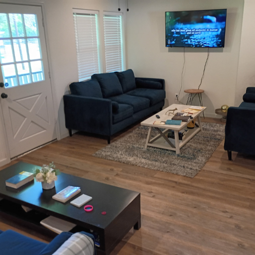 Modern living room at Idaho Drive men's sober living League City